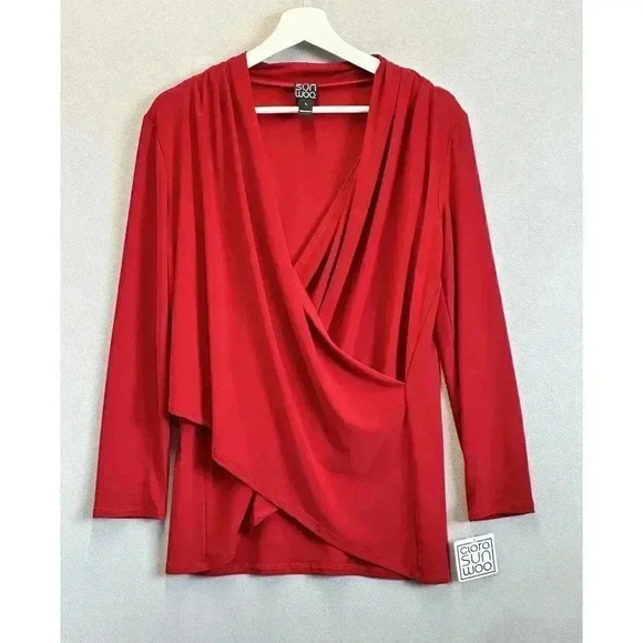 NWT CLARA SUN WOO Women's Sz‎ Large Red Crossover Stretch Wrap Top Blouse NEW! - Picture 1 of 8
